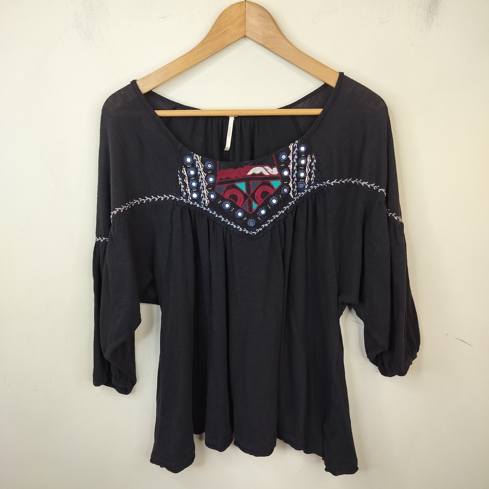 Free People Embroidered Peasant Top Medium Mirror Boho Black Cotton
